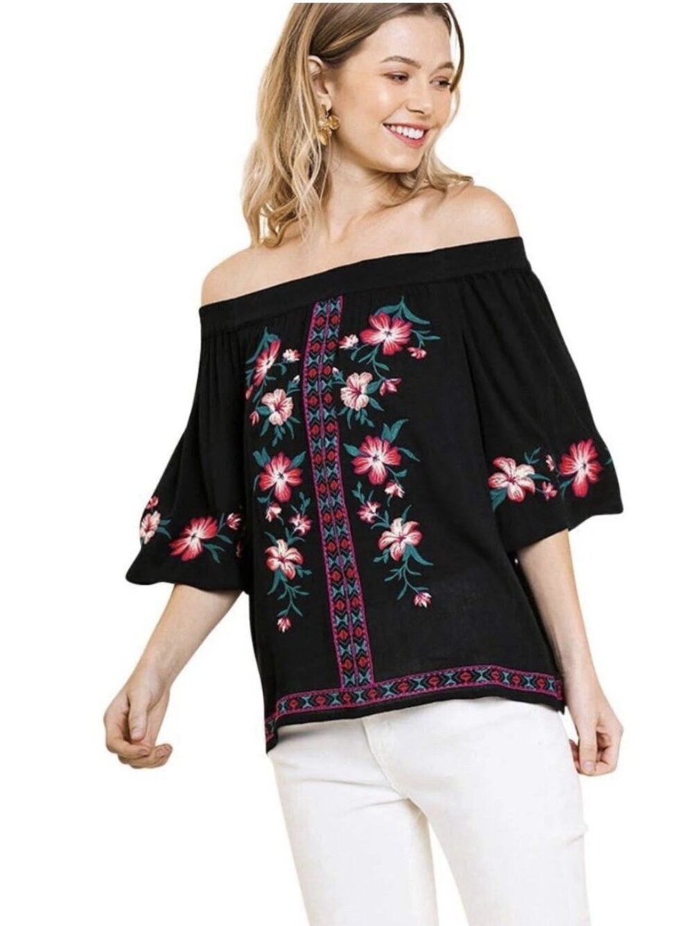 Umgee Women's Floral Embroidered Off The Shoulder Top - Small, Black